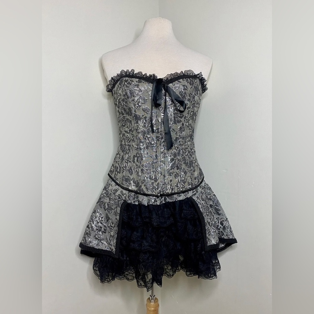 Hips & Curves Adjustable Corset Petticoat Set 2X Lingerie Black Silver Rose Lace